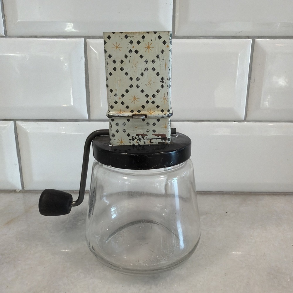 Vintage Androck 49 Nut Grinder Chopper Glass Jar Yellow Starburst GW992